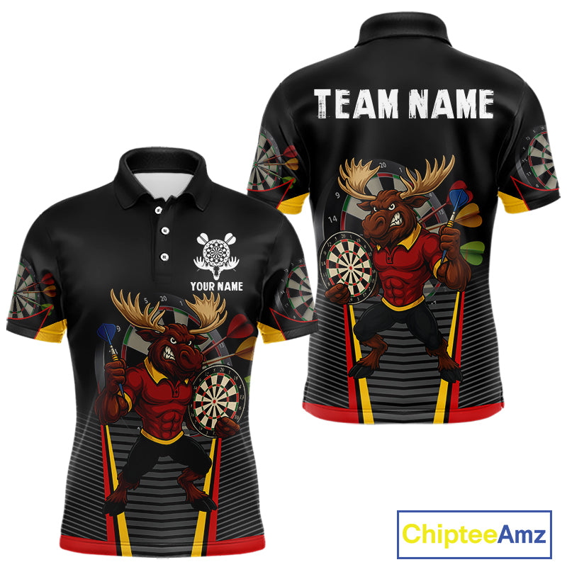 Black and Red Funny Moose Darts Polo, Quarter Zip Shirts For Men Custom Darts Team Jerseys NQS11065