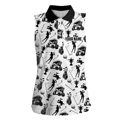 Black and White Golf icons pattern Women Sleeveless Polo Shirt custom female golf attire golf gifts NQS9187