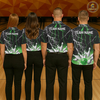 Women's bowling Polo, Quarter Zip shirts Custom Green lightning thunder team bowling league jerseys NQS11262