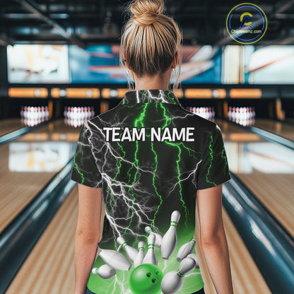 Women's bowling Polo, Quarter Zip shirts Custom Green lightning thunder team bowling league jerseys NQS11262