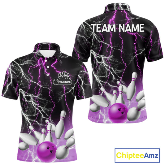 Men's bowling Polo, Quarter Zip shirts Custom Purple lightning thunder team bowling league jerseys NQS11263