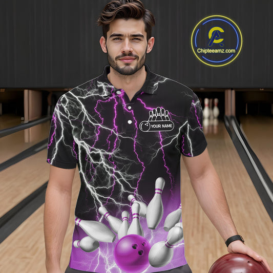 Men's bowling Polo, Quarter Zip shirts Custom Purple lightning thunder team bowling league jerseys NQS11263