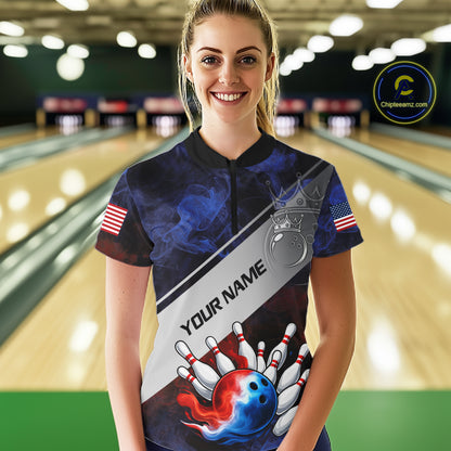 Red, White & Blue Smoke American Flag Bowling shirts For Women Custom patriotic Team bowling jersey NQS11269