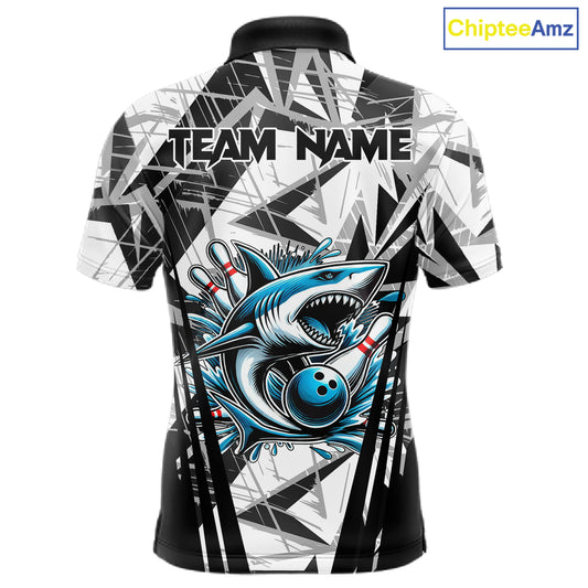 Black and White Camo Shark Bowling Team Shirts For Men Custom Shark Bowling Polo, Quarter Zip Shirt NQS11471