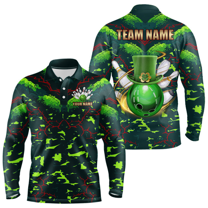 Personalized Green Camo Bowling Polo, 1/4 Zip shirts for Men custom St Patrick Day Bowling Team Jersey NQS9547
