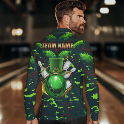 Personalized Green Camo Bowling Polo, 1/4 Zip shirts for Men custom St Patrick Day Bowling Team Jersey NQS9547