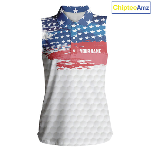 Personalized Red, White and Blue American Flag Women sleeveless polo shirt, patriotic ladies golf tops NQS9550