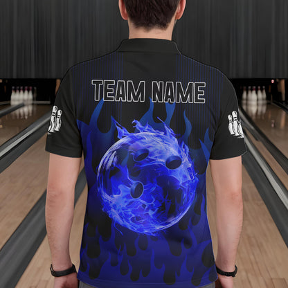 Personalized Black and Blue Flame Bowling Shirts For Men Custom Fire bowling jerseys NQS9552