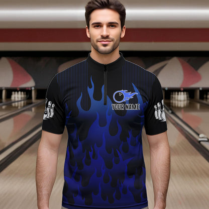 Personalized Black and Blue Flame Bowling Shirts For Men Custom Fire bowling jerseys NQS9552
