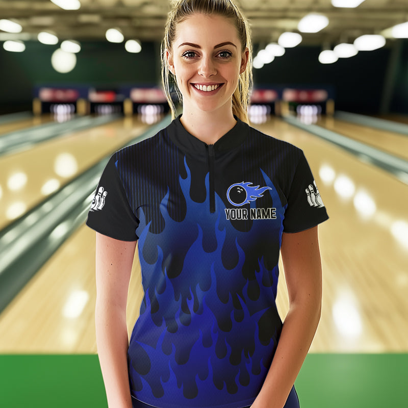 Personalized Black and Blue Flame Bowling Shirts For Women Custom Fire bowling jerseys NQS9552