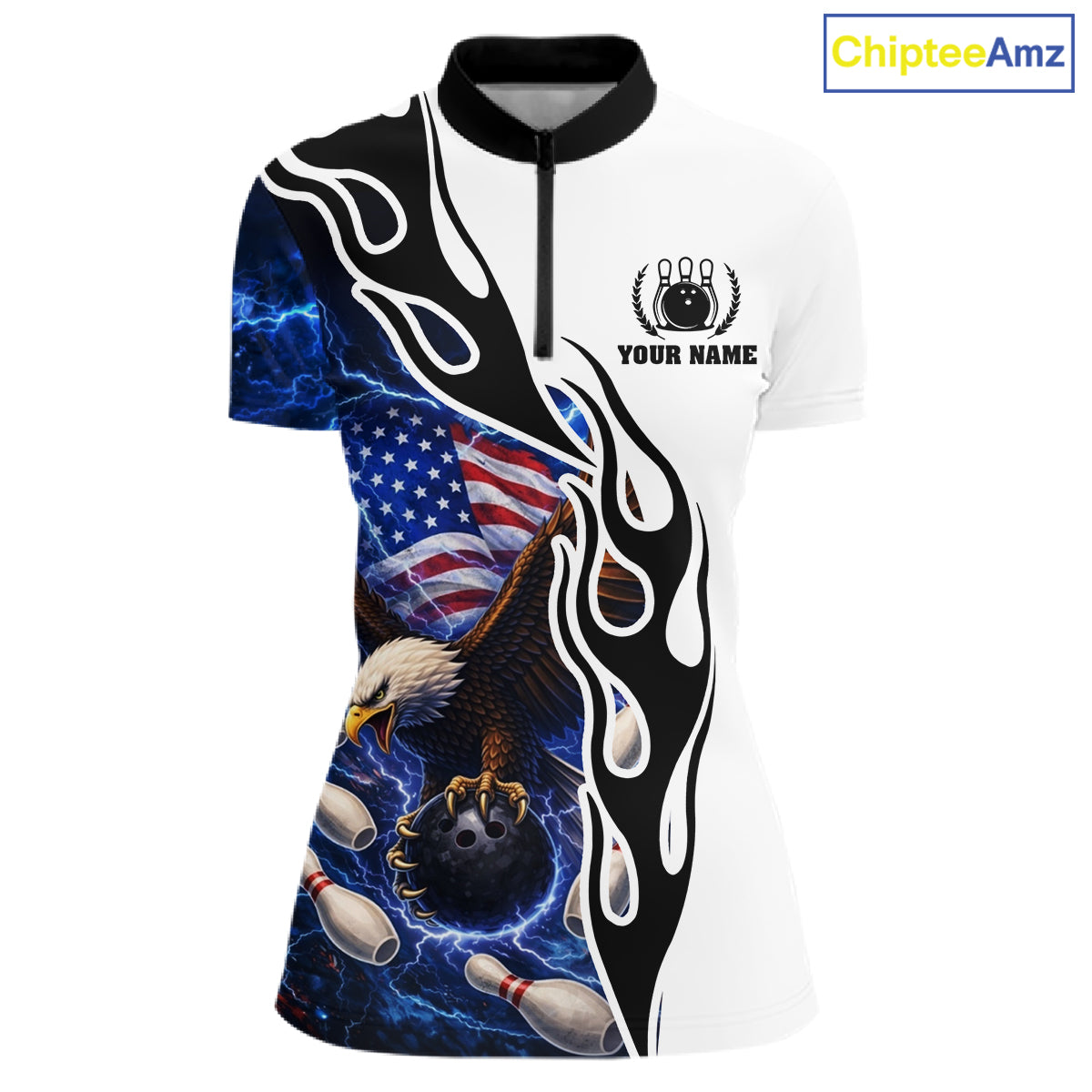 Blue Lightning Thunder American Flag Eagle Women Bowling shirts Custom Patriotic Team bowling Jersey NQS11658