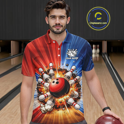 Funny Bowling Boom Polo, 1/4 Zip Shirt For Men Custom Red, White and Blue Team Bowler Jerseys NQS11660