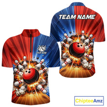 Load image into Gallery viewer, Funny Bowling Boom Polo, 1/4 Zip Shirt For Men Custom Red, White and Blue Team Bowler Jerseys NQS11660
