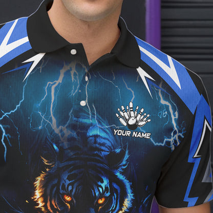 Blue Lightning Thunder Tiger Mens Bowling Polo, Quarter Zip Shirts Custom Bowler Jersey bowling outfit NQS9706