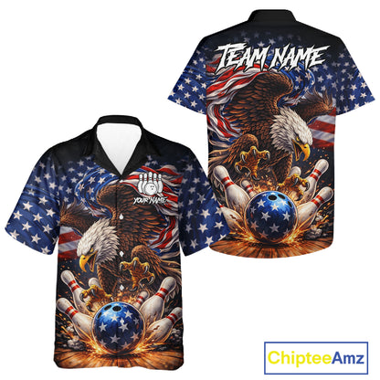 American Flag Flame Eagle Bowling Hawaiian Shirt Custom Patriotic Bowling Team Jersey NQS11748