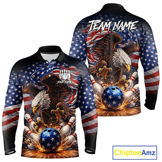 American Flag Flame Eagle Bowling Polo, 1/4 Zip Shirts For Men Custom Patriotic Bowling Team Jerseys NQS11748