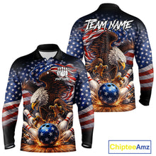 Load image into Gallery viewer, American Flag Flame Eagle Bowling Polo, 1/4 Zip Shirts For Men Custom Patriotic Bowling Team Jerseys NQS11748
