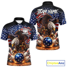 Load image into Gallery viewer, American Flag Flame Eagle Bowling Polo, 1/4 Zip Shirts For Men Custom Patriotic Bowling Team Jerseys NQS11748