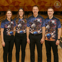 Load image into Gallery viewer, American Flag Flame Eagle Bowling Polo, 1/4 Zip Shirts For Men Custom Patriotic Bowling Team Jerseys NQS11748