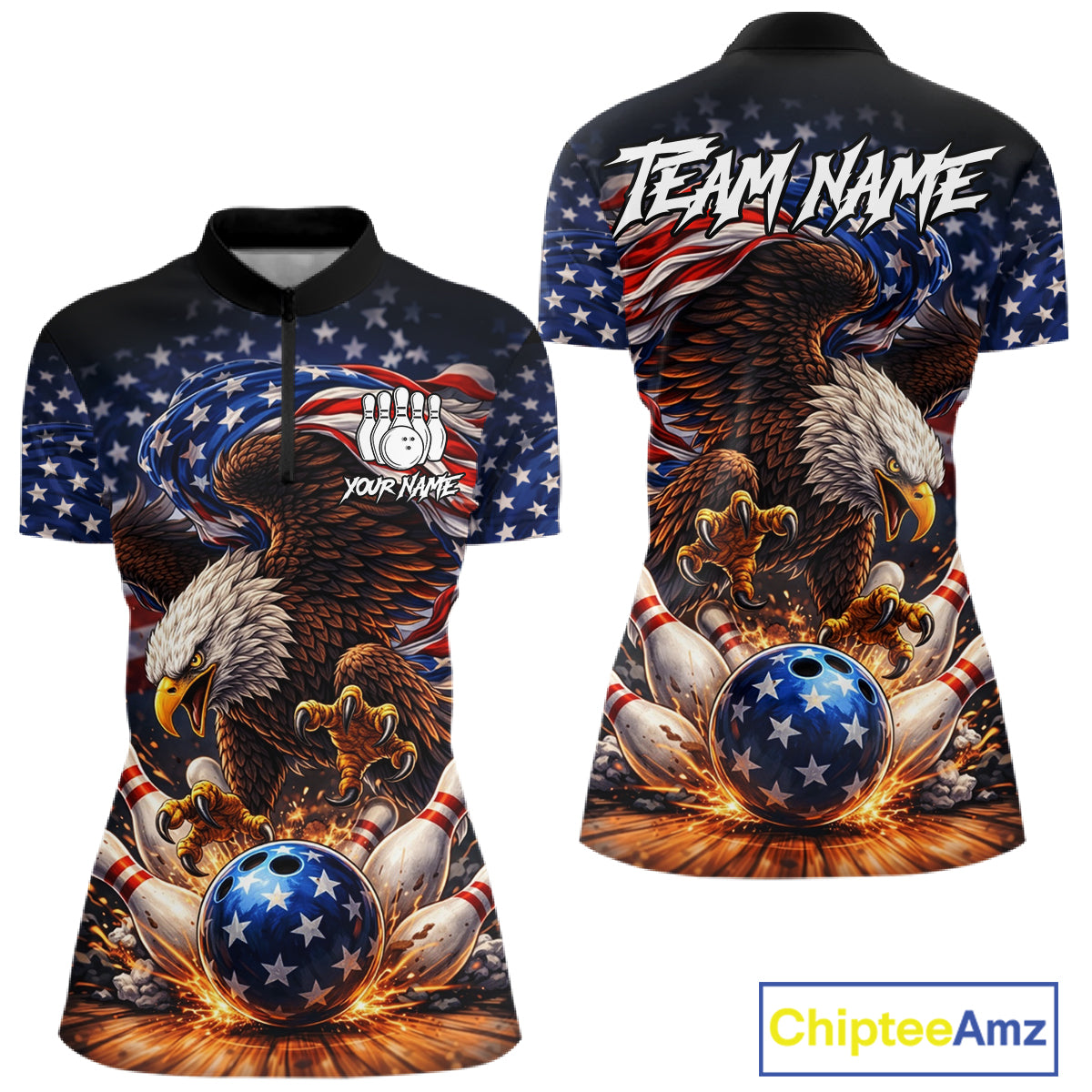 American Flag Flame Eagle Bowling Polo, 1/4 Zip Shirts For Women Custom Patriotic Bowling Team Jersey NQS11748