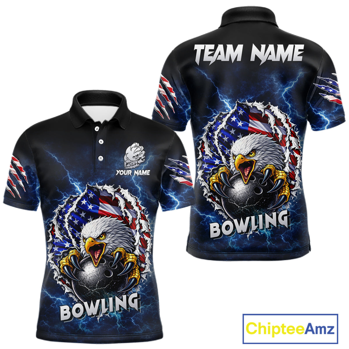 Blue Lightning Thunder US Flag Eagle Bowling Shirts For Men Custom Patriotic Bowling Team Jerseys NQS11749