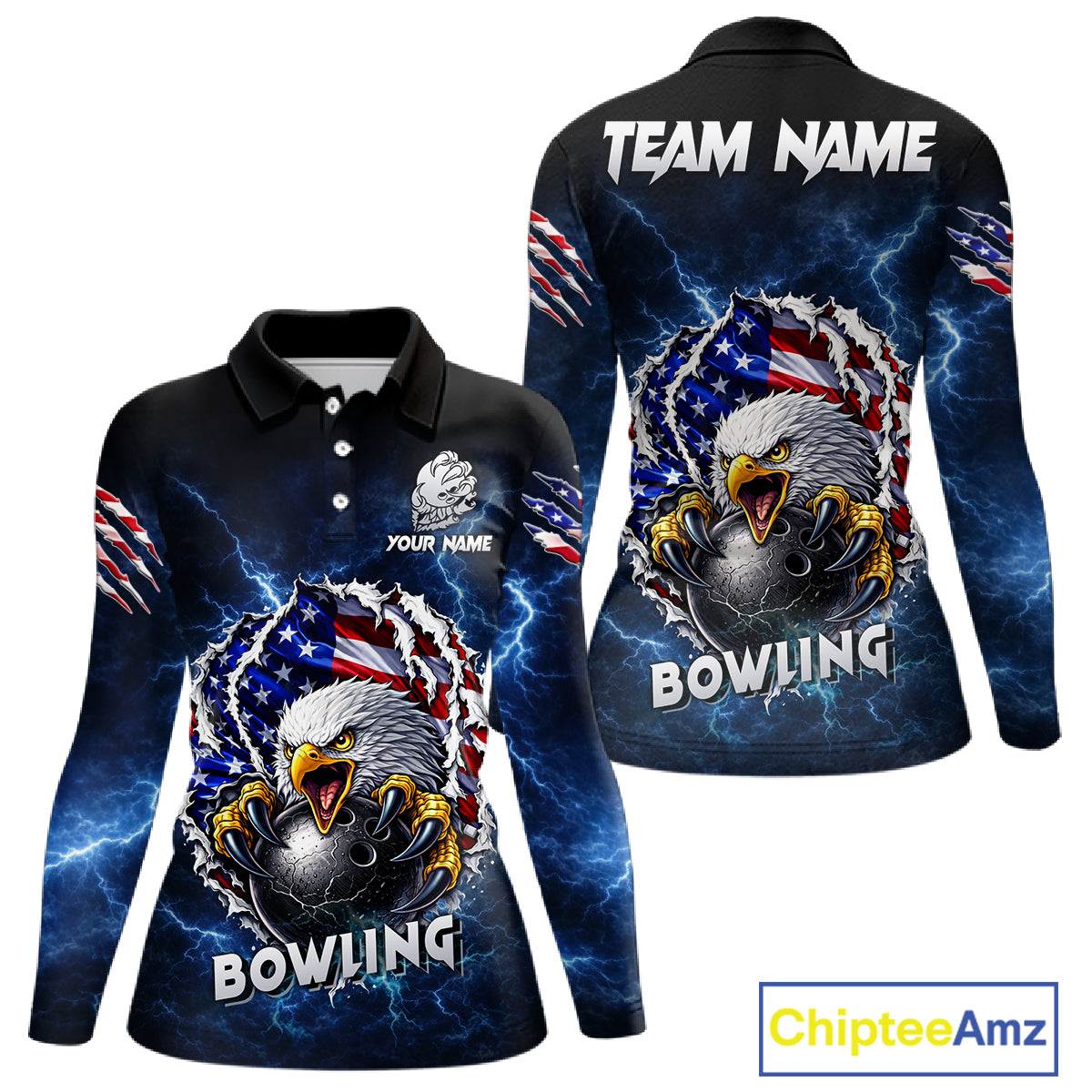 Blue Lightning Thunder US Flag Eagle Bowling Shirts For Women Custom Patriotic Bowling Team Jerseys NQS11749