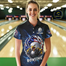 Load image into Gallery viewer, Blue Lightning Thunder US Flag Eagle Bowling Shirts For Women Custom Patriotic Bowling Team Jerseys NQS11749
