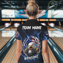 Load image into Gallery viewer, Blue Lightning Thunder US Flag Eagle Bowling Shirts For Women Custom Patriotic Bowling Team Jerseys NQS11749