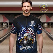 Load image into Gallery viewer, Blue Lightning Thunder US Flag Eagle Bowling Shirts For Men Custom Patriotic Bowling Team Jerseys NQS11749