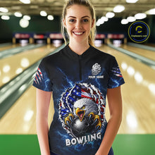 Load image into Gallery viewer, Blue Lightning Thunder US Flag Eagle Bowling Shirts For Women Custom Patriotic Bowling Team Jerseys NQS11749