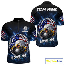 Load image into Gallery viewer, Blue Lightning Thunder US Flag Eagle Bowling Shirts For Men Custom Patriotic Bowling Team Jerseys NQS11749