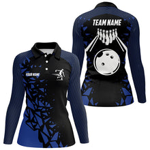 Load image into Gallery viewer, Black And Blue pattern Bowling Polo, 1/4 Quarter Zip Shirts For Women, Custom Name Bowling Team Jersey NQS7845