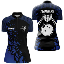 Load image into Gallery viewer, Black And Blue pattern Bowling Polo, 1/4 Quarter Zip Shirts For Women, Custom Name Bowling Team Jersey NQS7845