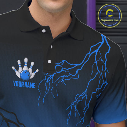 Black and Blue gradient Lightning thunder storm Bowling shirts for Men Custom Bowling Team Jerseys NQS10135