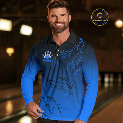 Black and Blue gradient Lightning thunder storm Bowling shirts for Men Custom Bowling Team Jerseys NQS10135
