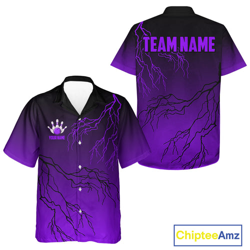 Black & Purple gradient Lightning thunder Bowling Hawaiian Shirt Custom Bowling button up shirt NQS10136