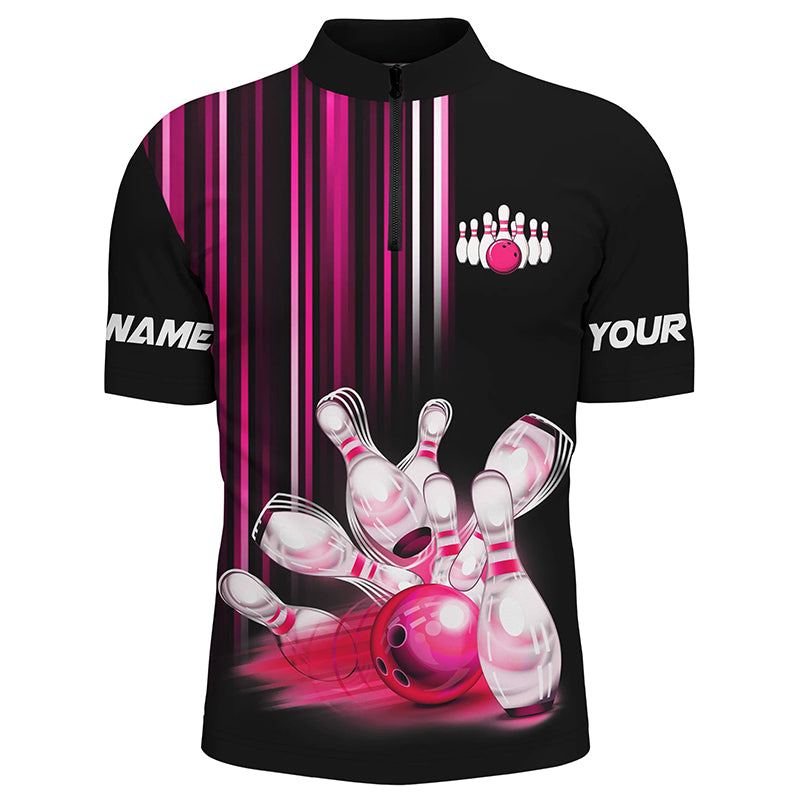 Black and pink light Men bowling Polo, Quarter Zip Shirt Custom bowling ball and pins Team jerseys NQS8067