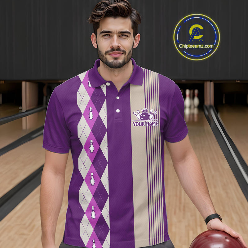 Retro Purple argyle pattern Bowling shirts For Men custom bowling team jerseys Bowler Outfits NQS10275