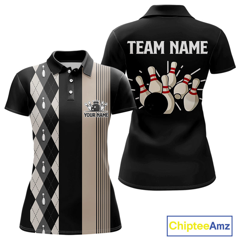 Retro Black argyle pattern Bowling shirts For Women custom bowling team jerseys Bowler Outfits NQS10276