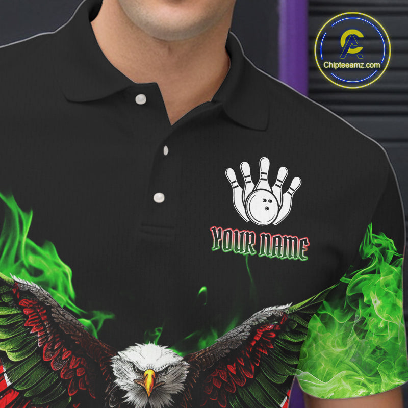Green Flame Smoke American Flag Eagle Skull Mens Bowling Shirts Custom Patriotic Bowling Team Jersey NQS10278