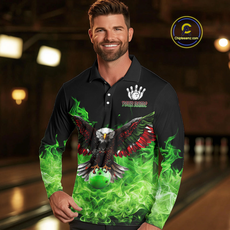 Green Flame Smoke American Flag Eagle Skull Mens Bowling Shirts Custom Patriotic Bowling Team Jersey NQS10278