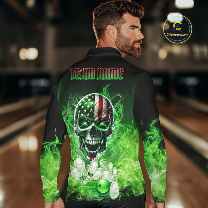 Green Flame Smoke American Flag Eagle Skull Mens Bowling Shirts Custom Patriotic Bowling Team Jersey NQS10278