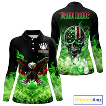 Load image into Gallery viewer, Green Flame Smoke American Flag Eagle Skull Women Bowling Shirts Custom Patriotic Bowling Team Jersey NQS10278