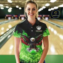 Load image into Gallery viewer, Green Flame Smoke American Flag Eagle Skull Women Bowling Shirts Custom Patriotic Bowling Team Jersey NQS10278