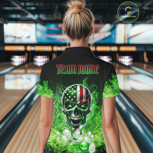 Load image into Gallery viewer, Green Flame Smoke American Flag Eagle Skull Women Bowling Shirts Custom Patriotic Bowling Team Jersey NQS10278