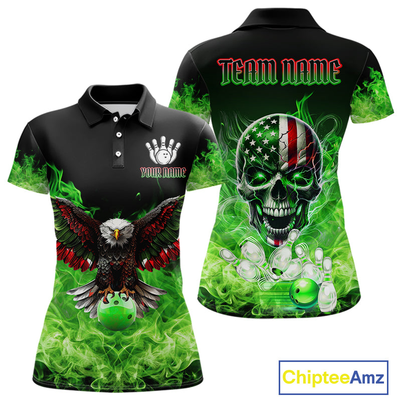 Green Flame Smoke American Flag Eagle Skull Women Bowling Shirts Custom Patriotic Bowling Team Jersey NQS10278