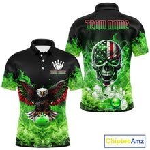 Load image into Gallery viewer, Green Flame Smoke American Flag Eagle Skull Mens Bowling Shirts Custom Patriotic Bowling Team Jersey NQS10278