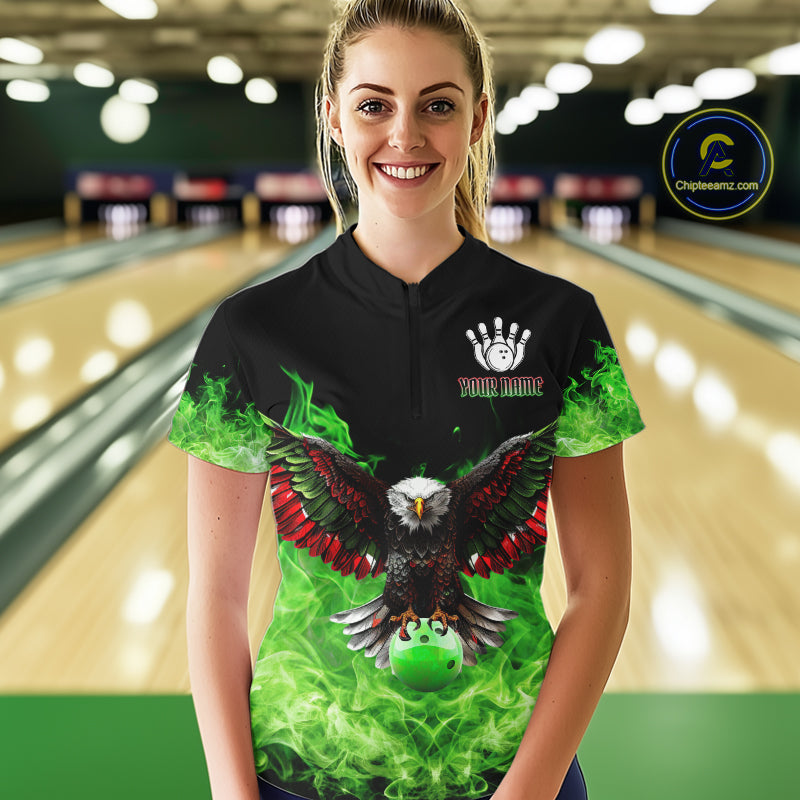 Green Flame Smoke American Flag Eagle Skull Women Bowling Shirts Custom Patriotic Bowling Team Jersey NQS10278