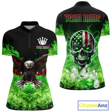 Load image into Gallery viewer, Green Flame Smoke American Flag Eagle Skull Women Bowling Shirts Custom Patriotic Bowling Team Jersey NQS10278