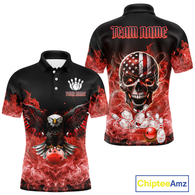 Red Flame Smoke American Flag Eagle Skull Mens Bowling Shirts Custom Patriotic Bowling Team Jersey NQS10279